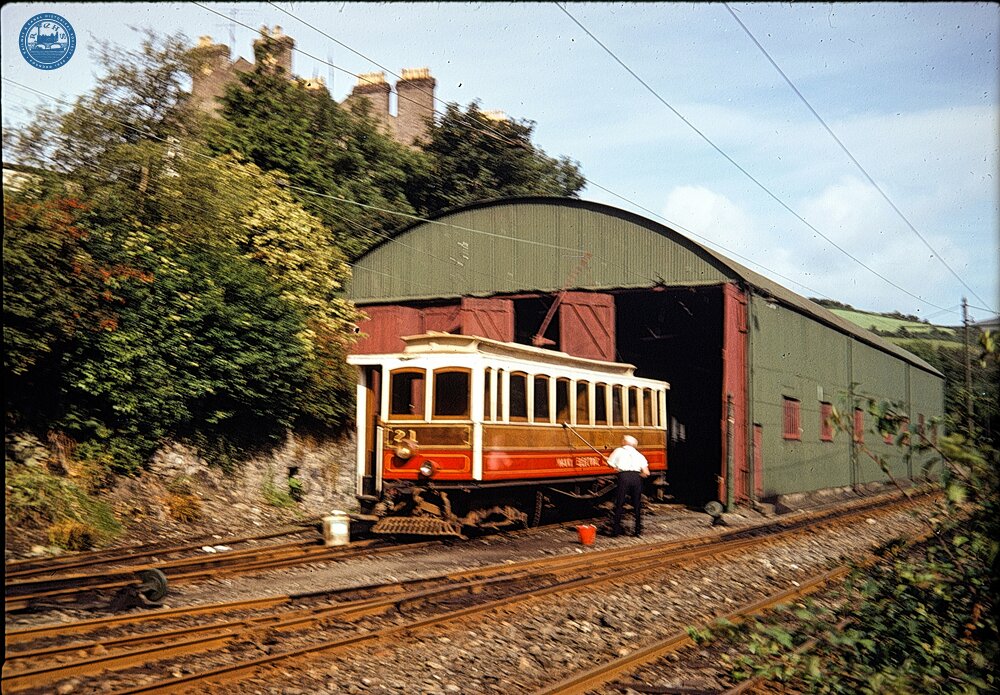 Manx Electric Railway. Car 21 being cleaned outside Laxey shed. 08 August 1971