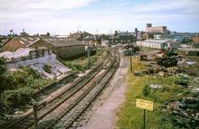 Birkenhead Docks, looking North to Canning Street North box and Level Crossing. 11 July 1987