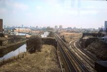 Throstle Nest (MAJ @ 32m 42ch), looking East. Two railways & two canals. 19 March 1979