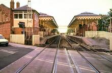Hale station (CDM2 @ 8m 31ch), platforms from the level crossing. 10 September 1987