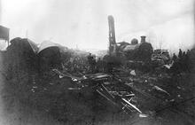 Aylesbury (MCJ2 @ 38m 13ch). Aftermath of derailment on 23 December 1904, with steam-crane clearing lines. (Ref: 030937)