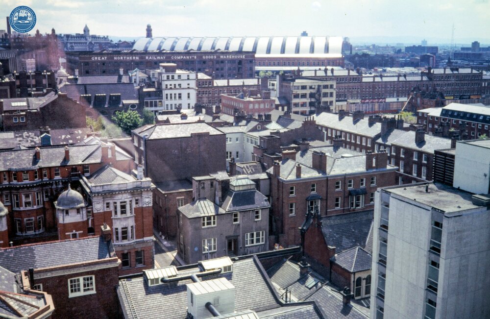 Rooftops of central Manchester looking to Deansgate and beyond, from the Probate Office. 19 May 1988
