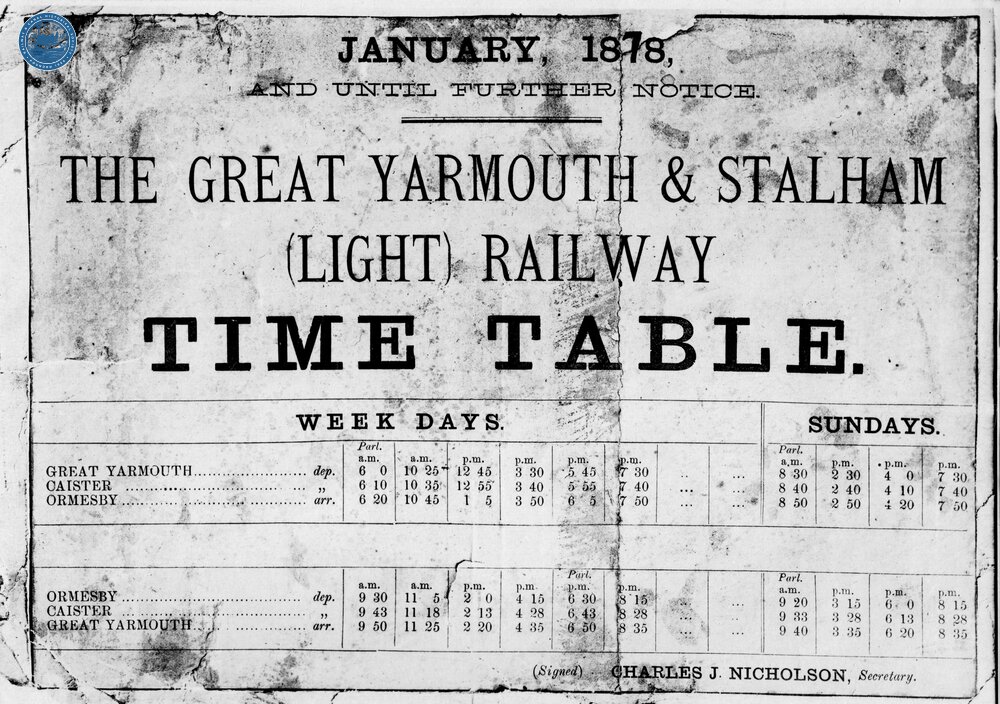 Great Yarmouth & Stalham Light Railway. January 1878 Timetable showing trains from Yarmouth to Ormesby. (PMY2 67m 51ch to 73m 1ch) (Ref: 031698)