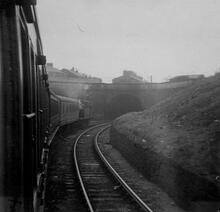 67417 + train approaching Ashton Oldham Road Tunnel (53 yards - OAG2 @ approx 2m). 02 May 1959