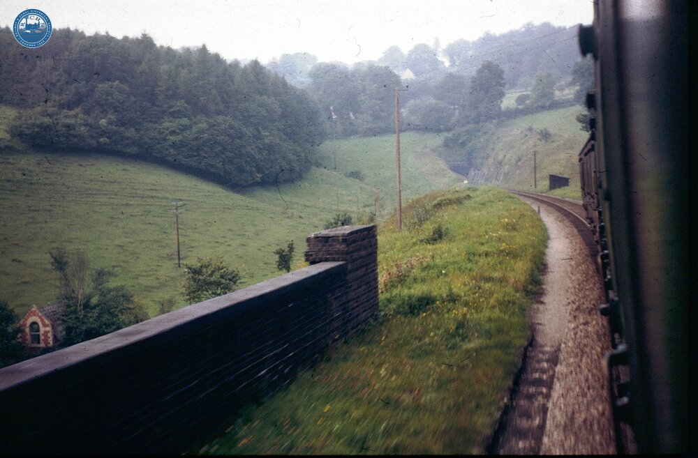 Coombe Down Tunnel south portal viewed from Down train, Somerset & Dorset Line, 1963 3m 15c