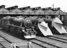 Perth South Shed.(SCM4 @ 150m 61ch). Black 5's nos. 44879 & 44992 with Fowler 4F 44254 Snowploughs displaying three levels of snow ploughs.(Ref: 031349)