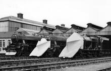 Perth South Shed.(SCM4 @ 150m 61ch). Black 5's nos. 44879 & 44992 with Fowler 4F 44254 Snowploughs displaying three levels of snow ploughs.(Ref: 031352) 