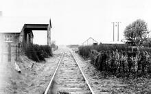 Goods Shed beyond Pilling Station looking towards Knott End. (KEL @ 7m 10ch)