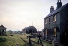 Pilling station (KEL @ 7m 01ch), looking East from the buffer stop at the A588 road. 10 September 1961.