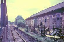 Clitheroe station (DJH @ 21m 26ch). Derelict Eastern platform and buildings. 05 July 1986