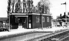 New Longton & Hutton Station buildings from platform, 13 June 1954. (SOU @ 12m 57ch)