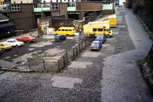 Bury station (formerly Bury Bolton Street, CTA2 @ 9m 48ch) looking up car park approach. 02 March 1980