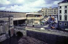 Manchester Victoria station (MVE1 @ 0m 0ch). Exterior from Exchange station. 28 March 1987