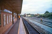 Salford Crescent station (MVE1 @ 0m 59ch). 1st day of enhanced services. Looking North to Windsor Bridge signalbox. 15 May 1989