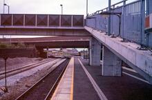 Salford Crescent station (MVE1 @ 1m 59ch). 1st day of enhanced services. East platform looking South. 15 May 1989