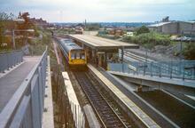 Salford Crescent station (MVE1 @ 1m 59ch). 1st day of enhanced services. View from footbridge looking North. 15 May 1989