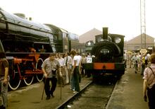 017060  Steam locos; Rt Lancashire and Yorkshire Pug 0-4-0ST no 51218: lt WD class 2-10-0 "Gordon". .Shildon Rail 150 26 Audust 1975