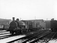 Horwich Works. LYR Aspinall 2F 0-6-0 No 52515, LMSR Fowler 3F 0-6-0T No 47550, and LYR Barton Wright Class 568 0-6-0 shunter No 11368. 06 January 1963