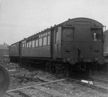 Ex-Oerlikon stock M29043M and M29743M in sidings close to Royton station. In green livery. 07 April 1958