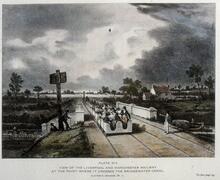 Plate 14 View of the Liverpool and Manchester Railway at the point where it crosses the Bridgewater Canal