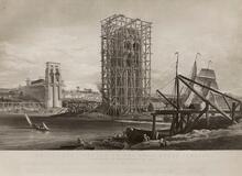 Britannia Tubular Bridge over the Menai Straits (CNH3 @ 241m 03ch - 241m 35ch) showing the state of construction in May 1849, taken from the Anglesea [sic] shore