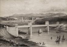 Britannia Tubular Bridge over the Menai Straits (CNH3 @ 241m 03ch - 241m 35ch). Panorama of bridge with the road suspension bridge behind