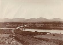 Britannia Tubular Bridge over the Menai Straits (CNH3 @ 241m 03ch - 241m 35ch).  Panorama taken from an elevated position on the Anglesey side