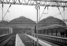 Manchester Piccadilly station (CMP2 @ 188m 70ch), from platform 7, at 6 pm. 21 September 1960