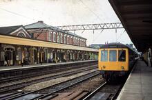 Stockport Edgeley station (CMP2 @ 183m 01ch). DMUs arriving in platform 3. 06 June 1981