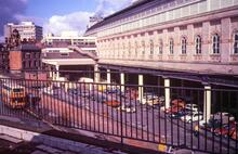 Manchester Piccadilly station (CMP2 @ 188m 70ch). Exterior of main station and Fairfield St., from Platform 13. 29 September 1988
