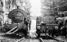 0-4-0ST No.47000 descending Middleton Incline in steam with the counterbalancing water tank coming up.