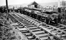 Middleton Top. The Train of 60-Foot Rails being "hung" on the rope.