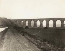 Sankey Viaduct (DSE @ 14m 07ch - 14m 16ch). Panorama of viaduct looking south-east. Sankey Sugar Works in the background (Ref: 030592)