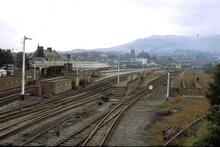 Skipton station and platforms (TJC3 @ 221m 21ch), viewed from west end. 06 September 1975 (ref. 017092)