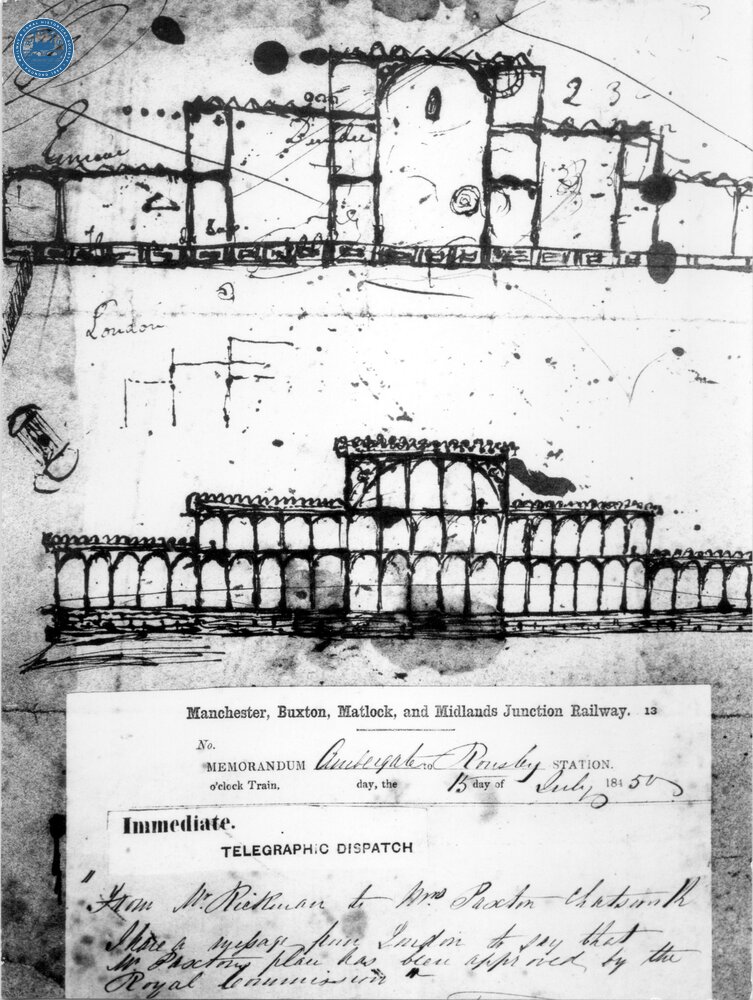 Manchester, Buxton, Matlock and Midlands Junction Railway Telegraph Form plus Paxton's sketch of the Great Exhibition Hall (Ref: 031451)