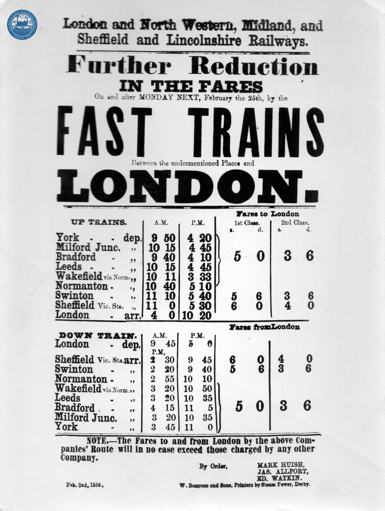 Notice of fast trains between Yorkshire and London at Reduced Fares. Dated 2 February 1856. (Ref: 031716)