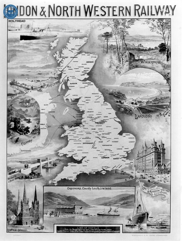 LNWR. Map of British Isles with Images of Places of Interest Served by LNWR. (Ref: 031783)