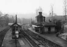 Alton Towers station (CVL @ 8m 26ch), looking northwest from the road bridge. 09 January 1966