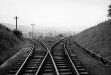 Cheadle (Staffs) (CHE @ 3m 5ch). The junction; new line on the left, and the old line on the right. 3 June 1961