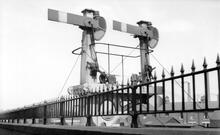 Down home signal Maudland Viaduct, Preston, June 1954. (PBN @ 0m 57ch)