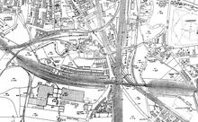 Three Railway Bridges at Chesterfield (Horns Bridge) LD&EDR (left to right); Midland Railway Main Line (bottom to top);  Great Central Railway Chesterfield Loop (curving to the right)