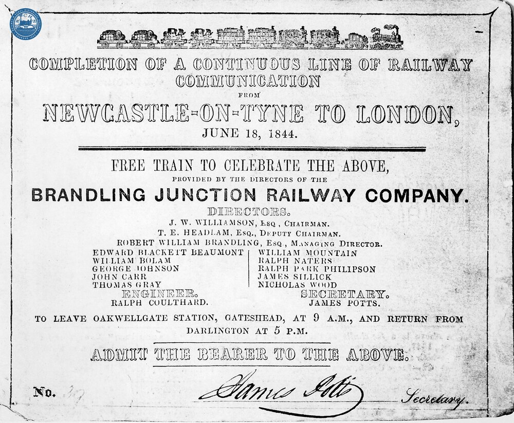 Brandling Junction Railway - A Free ticket from June 1844 for a Special Train Run to Celebrate the Completion of the Through Route from Newcastle to London. (Ref: 031057)