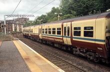 Dalmuir [Park] Station (NEM5 @ 9m 75ch). Train at Up platform for line via Yoker to Glasgow
