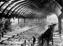 York station .(ECM4 @ 188m 40ch). Aftermath of bombing raid on 29 April 1942. View from footbridge looking South. Burnt out 10:15pm ex Kings Cross Edingburgh. (Ref: 030751)