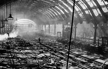 York station (ECM4 @ 188m 40ch). Bomb damage to train shed. 29 April 1942. (Ref: 030759)