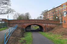Foss Islands Branch. York. Bridge under Haxby Road by Rowntree's Factory. East Face. 04 March 2024