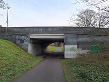 Foss Islands Branch. York. Bridge under Haxby Road by Rowntree's Factory. West Face. 04 March 2024