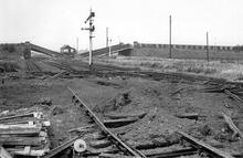 Southcoates Lane Bridge Hull 20 July 1943. (WIT @ c. 4m 10ch) Air Raid damage to running lines, road overbridge and signal box (Ref: 030808)