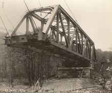 Glaisdale. Bridge No 82 (MBW2 @ 27m 08ch).  Erection of single-span steel bridge, weight 112 tons. 13 May 1931
