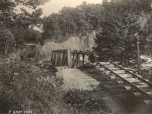 Glaisdale. Bridge No 82 (MBW2 @ 27m 08ch).  View along the track showing the truss girder in the bed of the river. 7 September 1931